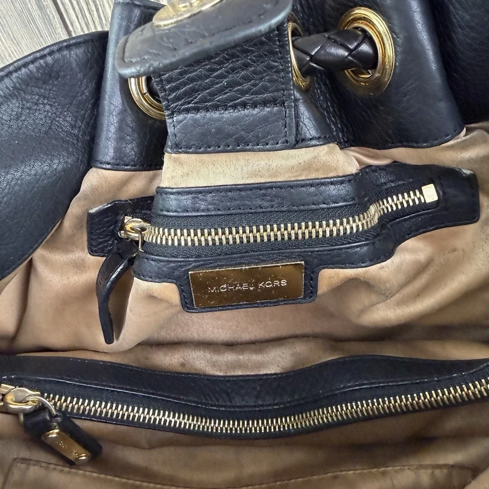 Michael Kors Black Leather Drawstring Satchel Bag Braided Handles Large RARE